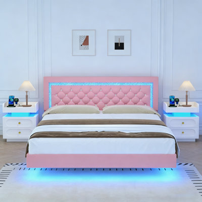 Smart RGB LED Floating Bed With 2 LED Nightstands – 3-Piece Bedroom Set