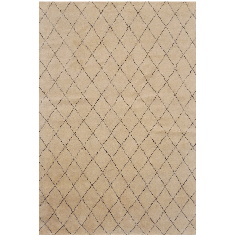 Tapis marocain ivoire en laine noué à la main de conception unique 6 pi 2 po x 9 pi 2 po Lues