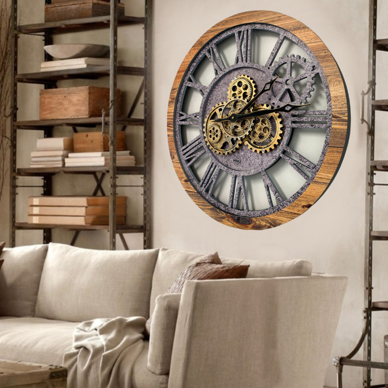 24" Rustic Wood and Stone Oversized Wall Clock with Moving Gears