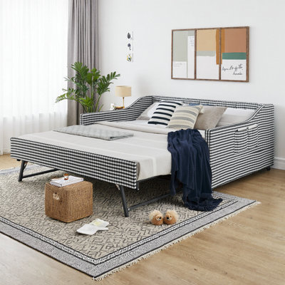 Lit de jour convertible rembourré 82 po pleine grandeur avec dossier capitonné, lit gigogne escamotable, poches de rangement latérales, canapé-lit 3 en 1 pour petits appartements, chambres d'amis, chambres à coucher