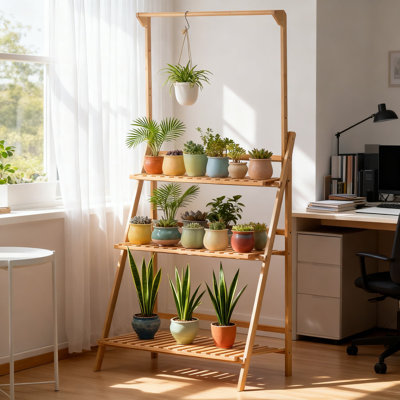 Support à plante à 3 niveaux suspendu en bambou avec design pliable