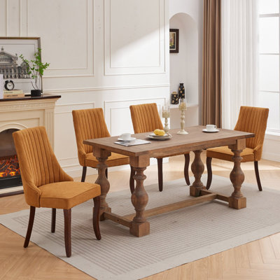 Rayon Cloth Flocking Linen Dining Chairs Channel Kitchen Dinner Chair Comfy Fabric Upholstered Accent Chair For Dining Room With Curved Solid Wood Legs,Set Of 2