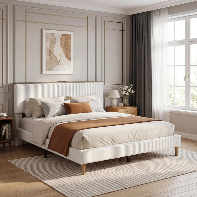 Cadre de grand lit avec tête de lit, cadre de lit plateforme tapissier | Conception en velours côtelé avec tête de lit, station de charge, lumières DEL, silencieux, lattes en bois et sans sommier