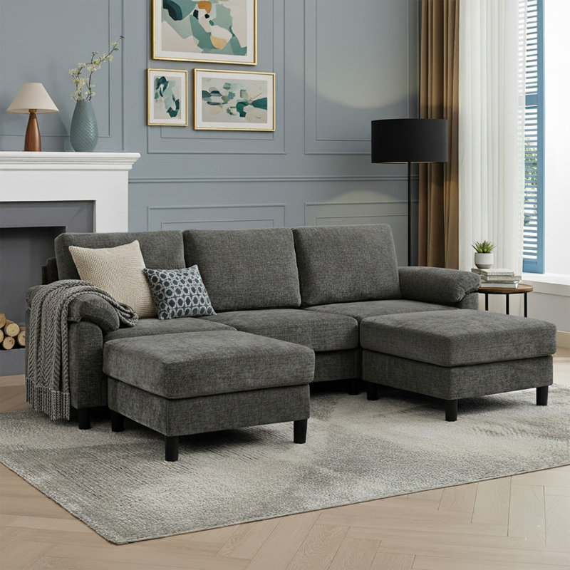 90" Comfy Modern U-Shaped Sectional Sofa with Two Ottomans, Gray