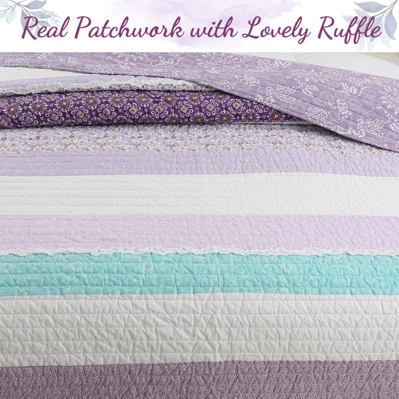 Purple and Teal Cotton Twin Reversible Quilt Set