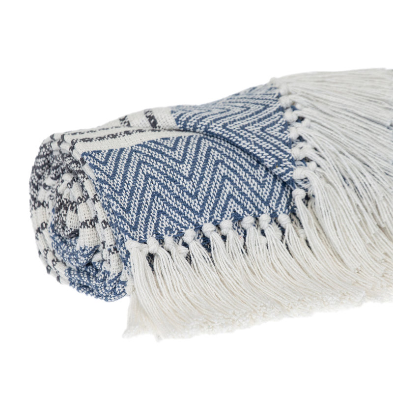 Jeté rayé en coton tissé bleu