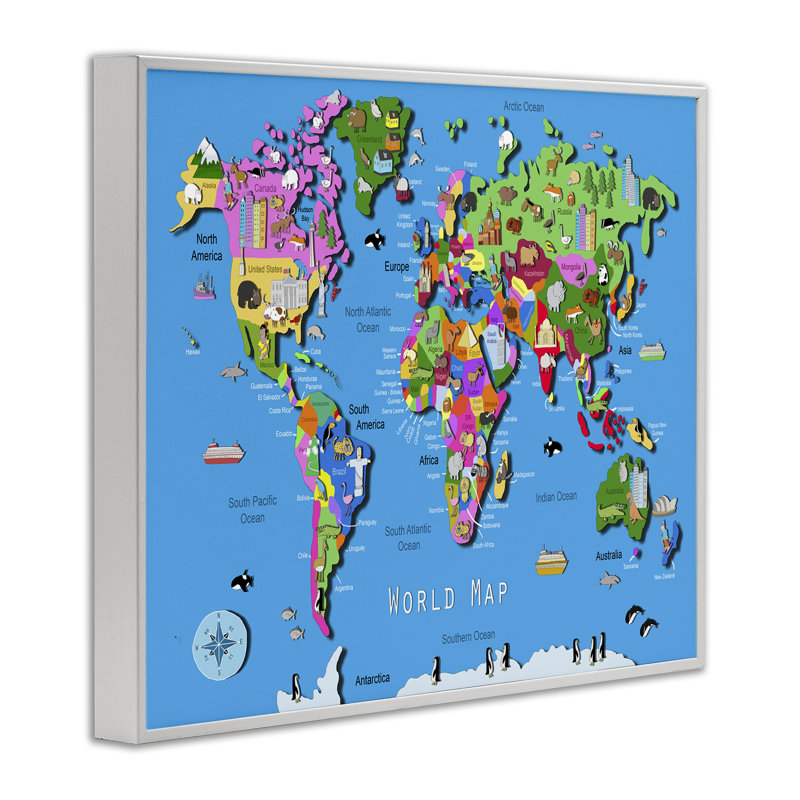 Éducative, carte du monde encadrée, estampe numérique par Carla Daly, Estampe numérique encadrée blanc bord de mer