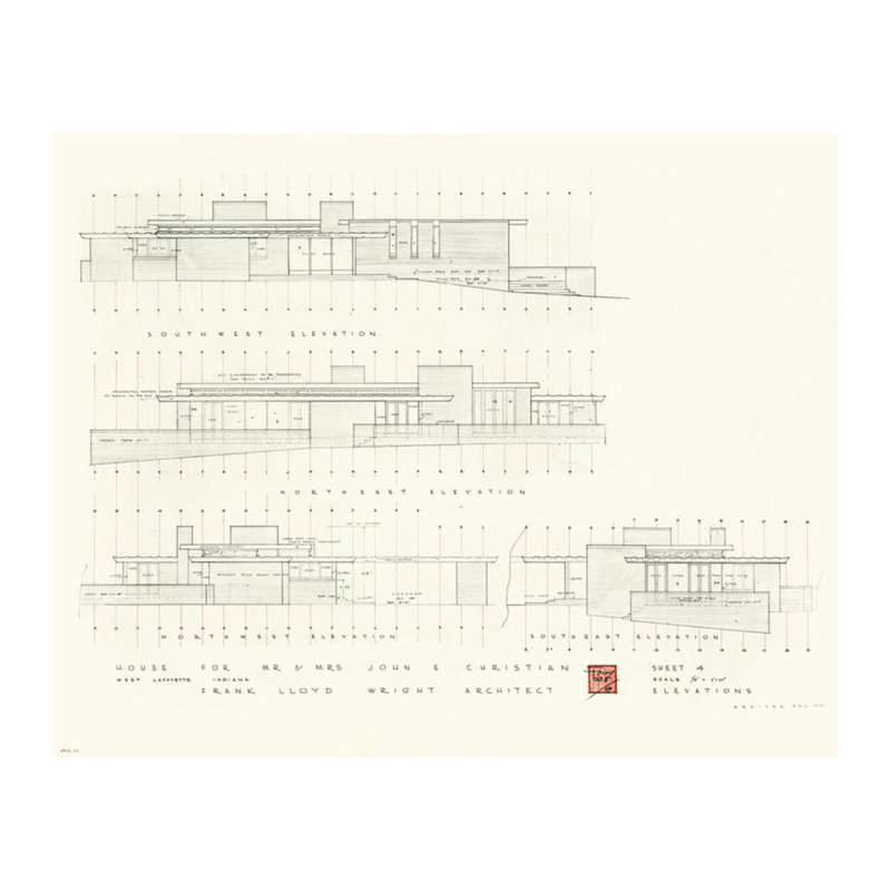 «John E. Christian house West Lafayette Indiana» par Frank Lloyd Wright - Estampe numérique, H 16 po x l 20 po
