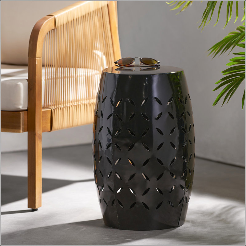 Charming All-Metal Side Table With Stable Barrel Shape For Outdoor Spaces, Black