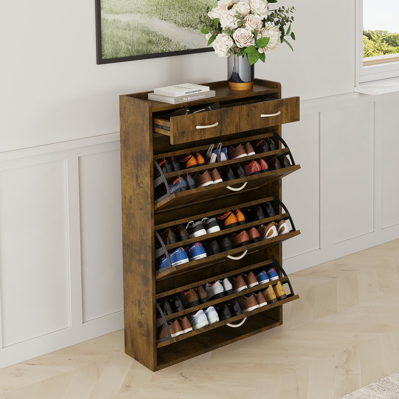 Armoire à chaussures en bois massif noir et brun, trois couches, armoire à chaussures