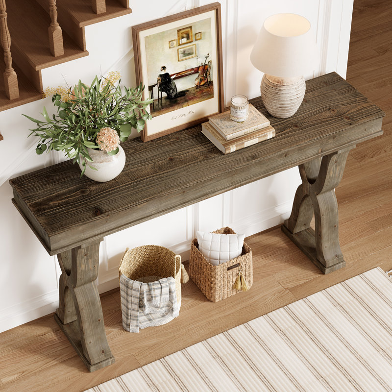 63-inch Solid Wood Console Table, Farmhouse Narrow Entryway Table With X-shaped Legs, Long Sofa Table, Washed Brown