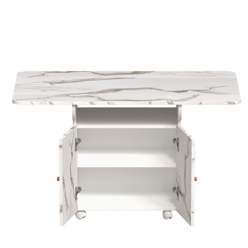 47" Wood Folding Dining Table With Storage Rack And Cabinet, Removable Entryway Table With 6 Wheels, White Marble Kitchen Island, Side Table And Coffee Table Versatile Table Space Saving