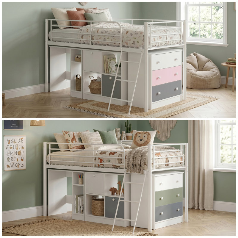 Leo Single (3') Metal Mid Sleeper Bed Frame with Built in Desk and Ladder