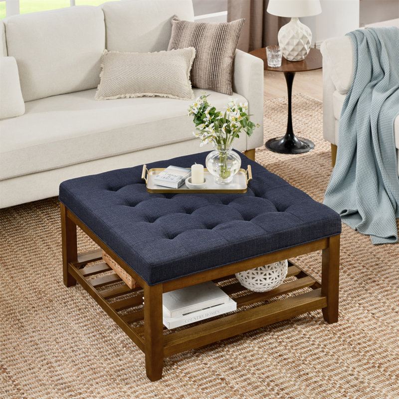 Grande table basse avec repose-pieds capitonné en lin capitonné avec tablette et cadre en bois de hêtre, repose-pieds surdimensionné pour le salon, bleu marine