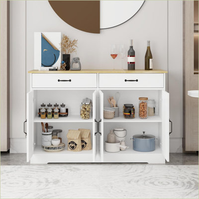 Armoires, buffet de rangement blanc cassé 47,95 po avec 2 tiroirs et 4 portes pour le salon / la salle à manger | Bois aggloméré | Cuisine