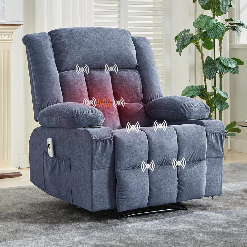 Fauteuil inclinable massant et chauffant avec très grand repose-pieds, porte-gobelet et poches latérales pour le salon, Bleu