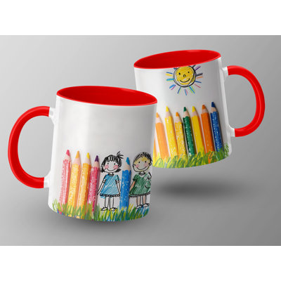 Kids Drawing Style 11oz Accent Mugs – Ceramic Coffee Cup with a Red Handle and Interior