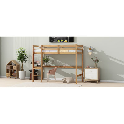 Twin High Loft Bed, Rubber Wood  Loft Bed With Safety Guardrail, Built-In Desk, Ladder,White Oak