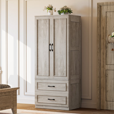 70" H Armoire Wardrobe Closet With 2 Doors & 2 Drawers, Freestanding Wooden Wardrobe Armoire With Hanging Rod For Bedroom