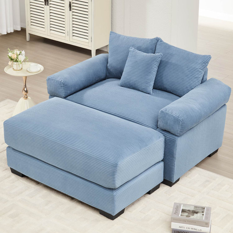 Canapé rembourré en velours côtelé avec repose-pieds, Bleu