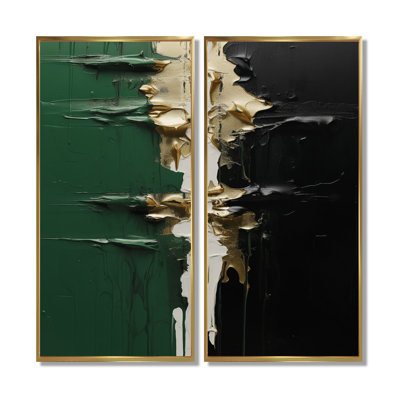 «Golden Green and Black Ink Merge», ensemble de 2 reproductions d'art encadrées abstraites sur toile