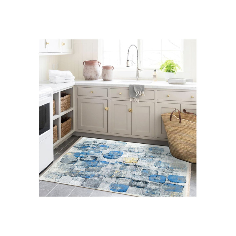 Tapis bleu lavable à la machine à motif abstrait à motif abstrait bleu Barcelona, Tapis de couloir 4 pi 11 po x 9 pi 10 po