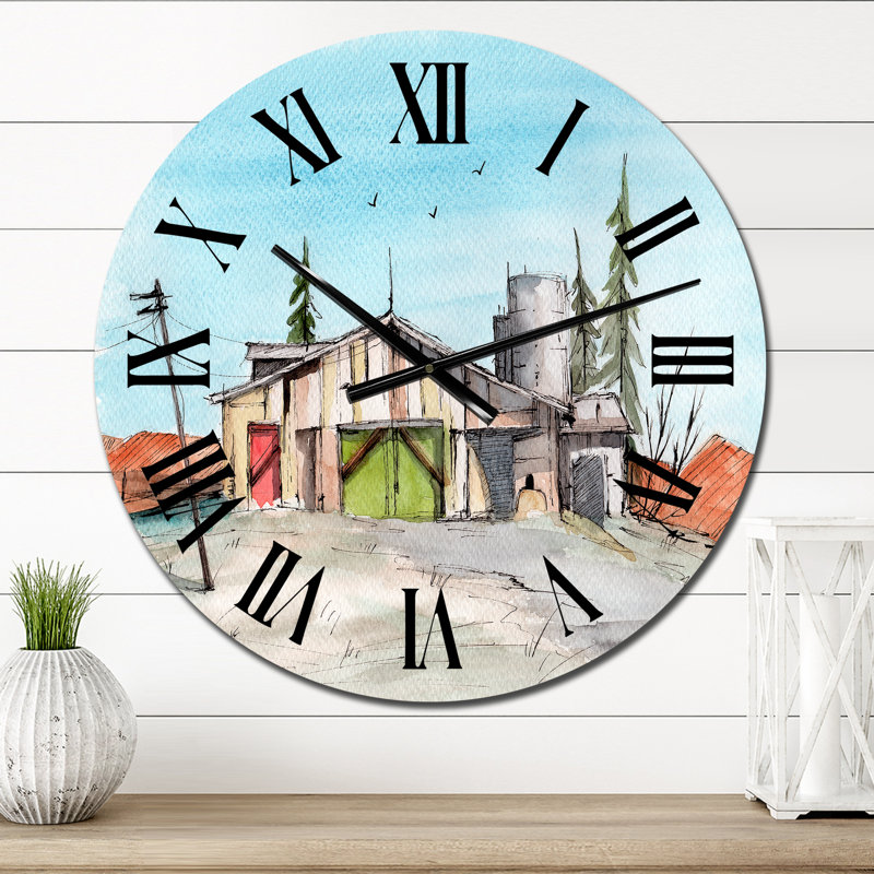 Horloge murale en bois avec grange en bois et porte verte, Moyen