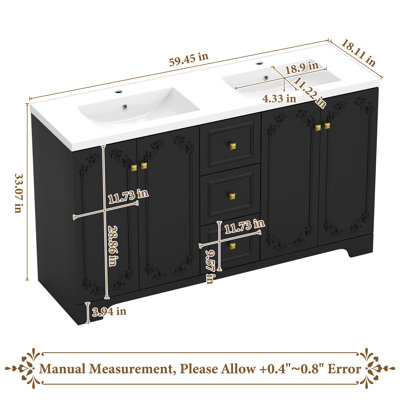 Meuble-lavabo double de 152 cm (60 po) avec comptoir en résine et double vasque, style provençal français, avec rangement, 4 portes à fermeture douce et 3 tiroirs, noir.