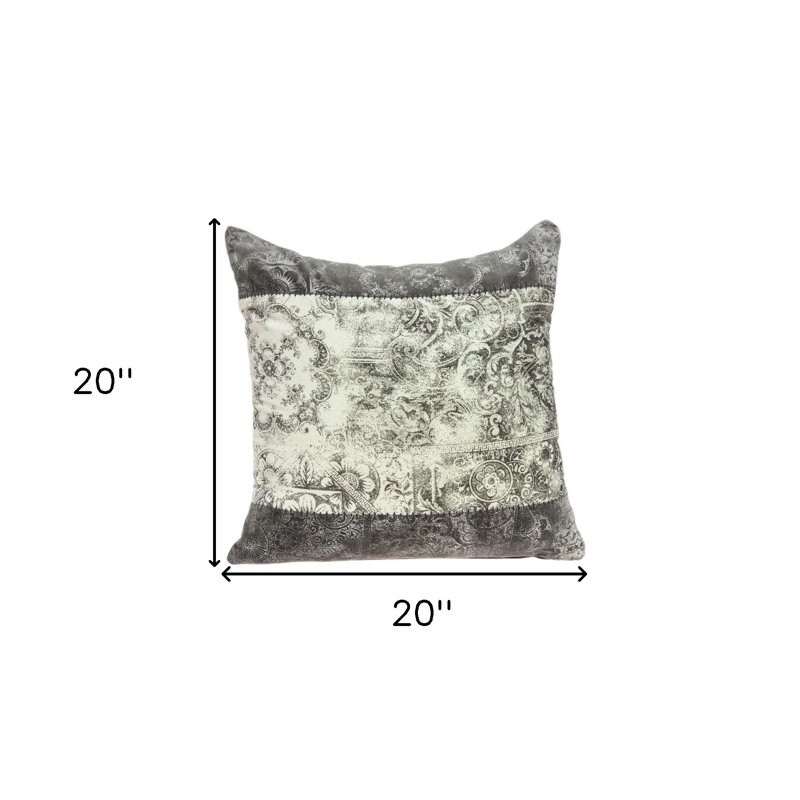 Coussin décoratif 20 po en coton damassé beige et gris
