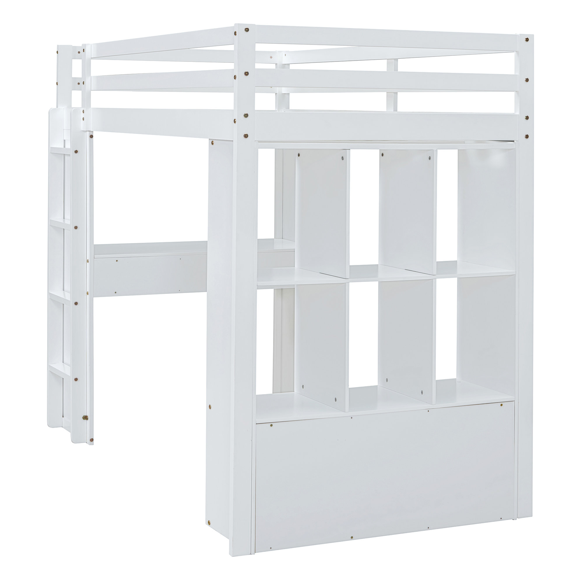 Ebern Designs Full Size Loft Bed With Large Shelves, Writing Desk And ...