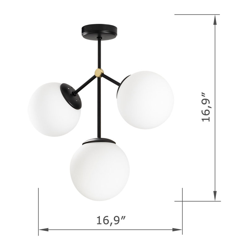 3 Lights Metal Body Semi Flush Mount With Glass Cap