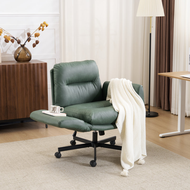 PU Leather Cross-Legged Swivel Home Office Chair Task Chair With Flip-Up Armrests, Green