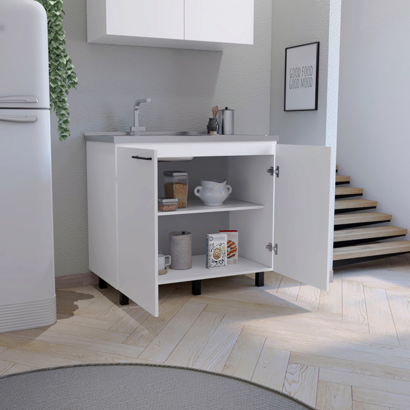 2 éviers utilitaires avec armoire, tablette intérieure, Blanc