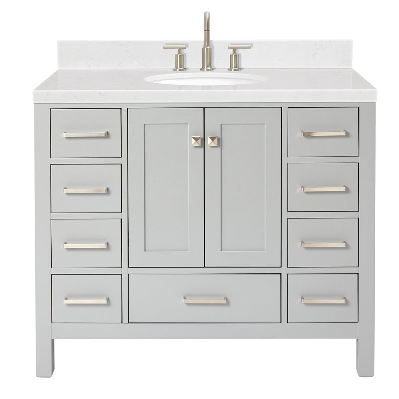 Cambridge 42.25'' Single Bathroom Vanity with Carrara Quartz Top, Gray / Brushed Nickel