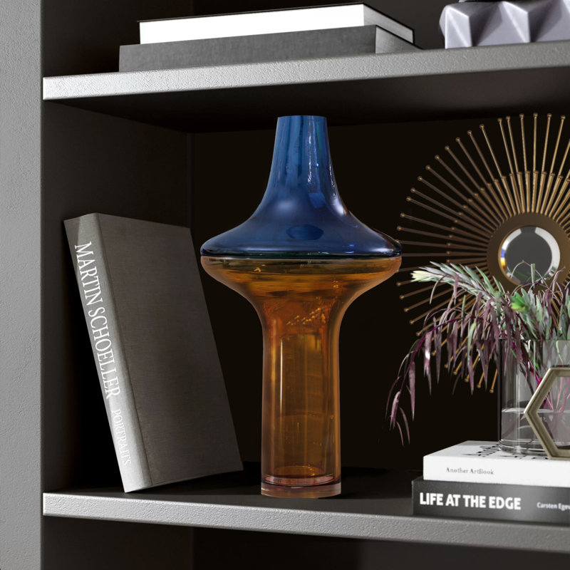 Low Amber Over Cobalt Vase, 16" H x 9" W x 9" D