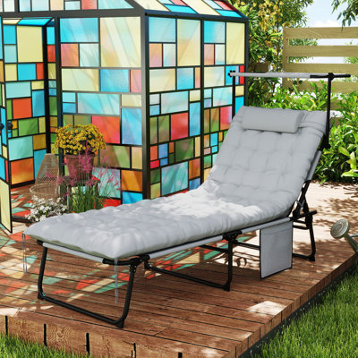 Chaise de bronzage pliante avec auvent et appui-tête, chaise longue, gris
