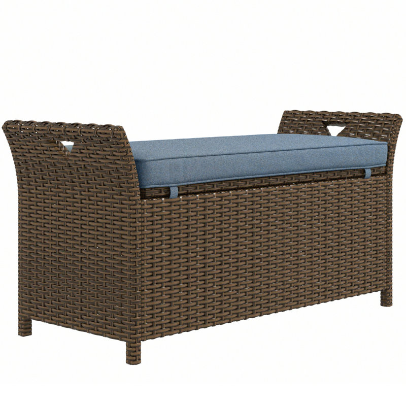 Outsunny 27 Gallon Patio Wicker Storage Bench, Outdoor PE Rattan Patio Furniture, 2-In-1 Large Capacity Rectangle Garden Storage Box With Handles And Cushion, Dark Blue