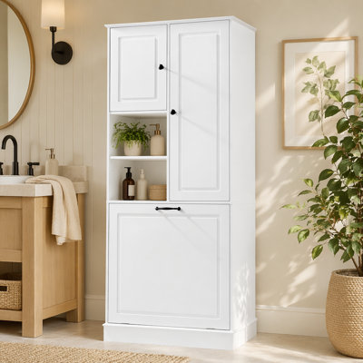 Grande armoire de rangement avec tablettes réglables, grand panier rabattable et armoires fermées - parfait pour la salle de bain, le salon ou le bureau, matériau en bois aggloméré avec poignées en alliage d'aluminium