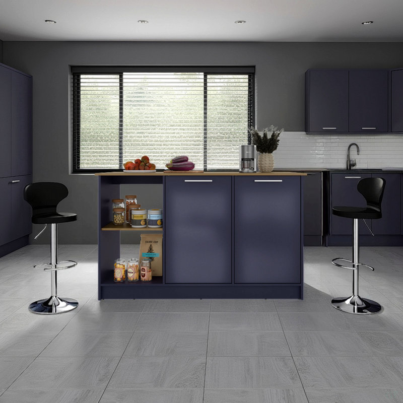Îlot de cuisine Juniper avec grand comptoir de salle à manger, armoire à deux portes avec tablettes de rangement intérieures et deux tablettes ouvertes