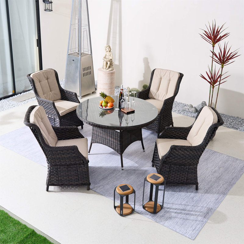 Ensemble bistro d'extérieur avec table ronde en osier et chaises rembourrées Abrihome, Brun / Beige, 4