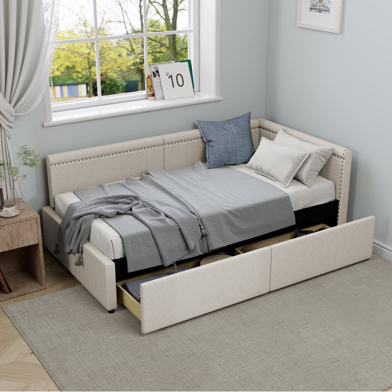 Modern Style Twin Size L Shape Corner Bed, Linen Upholstered Daybed with Two Storage Drawers, Beige
