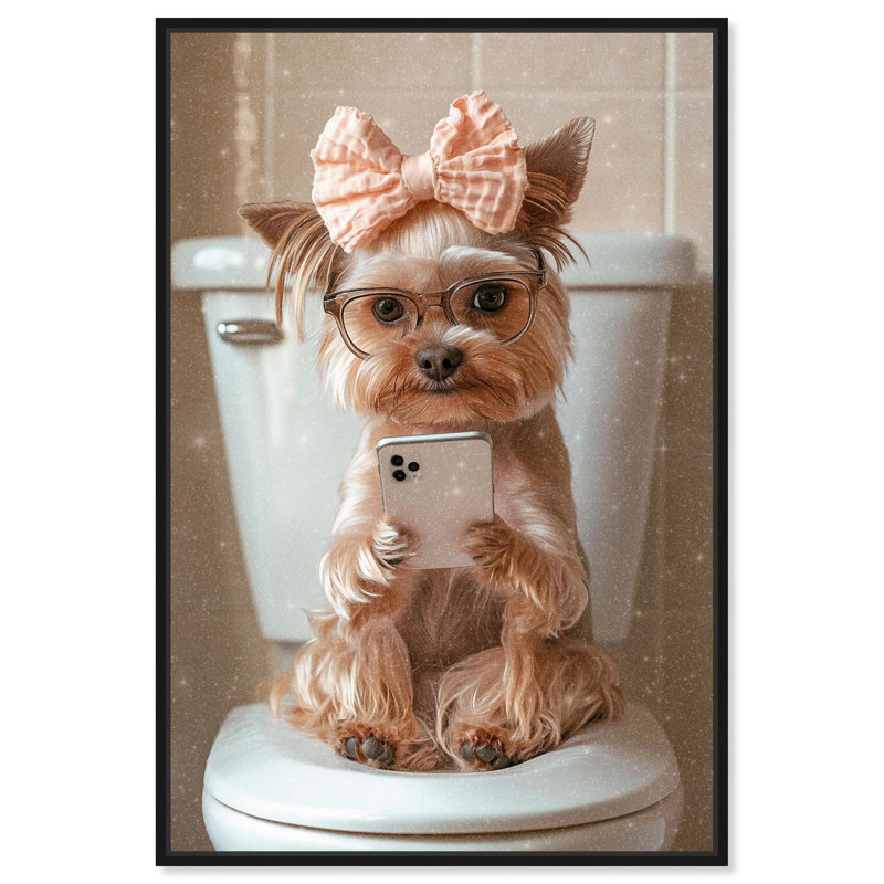 Mignonne Yorkie sur la toile , Cadre flottant noir, H 37 po x l 25 po