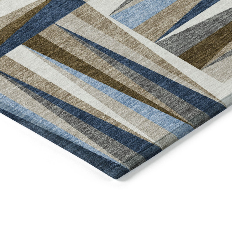 Tapis extérieur lavable à motif géométrique 10 pi x 14 pi bleu marine, brun et beige