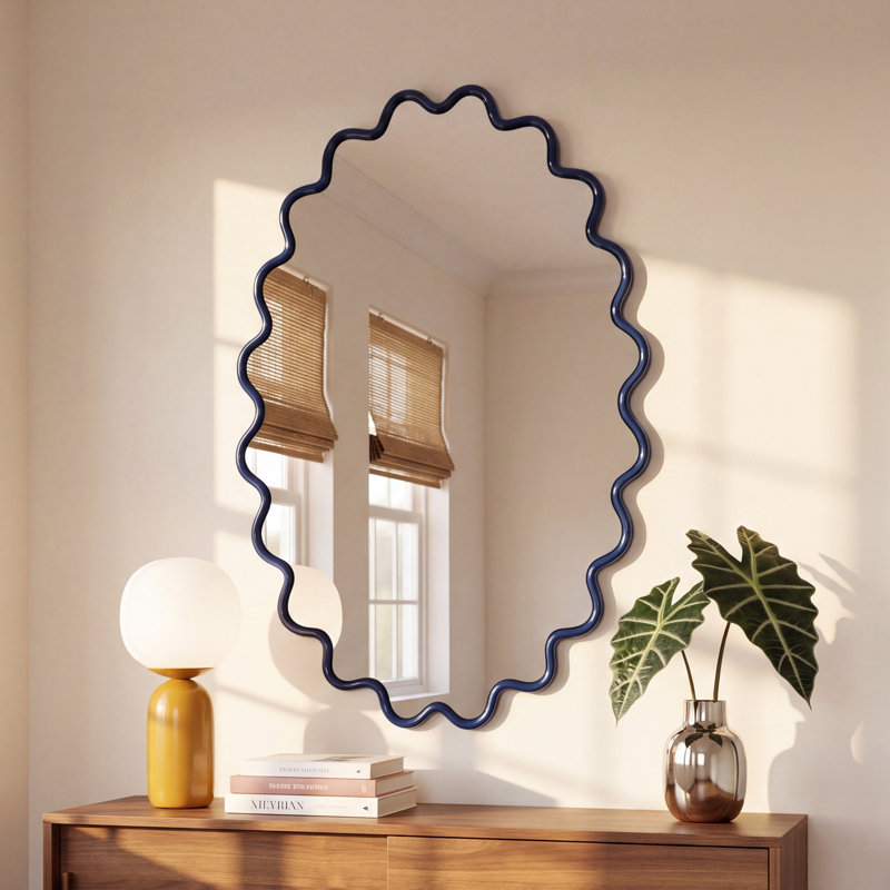 Modern Wavy Framed Oval Wall Mirror, Navy