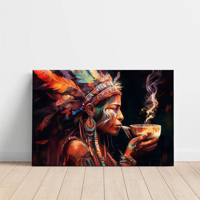 1Pc Framed Canvas Poster Print Indigenous woman, feather headdress and ceremonial tea, surrealistic art style Wall Art, Wall Decor, Perfect for Room D