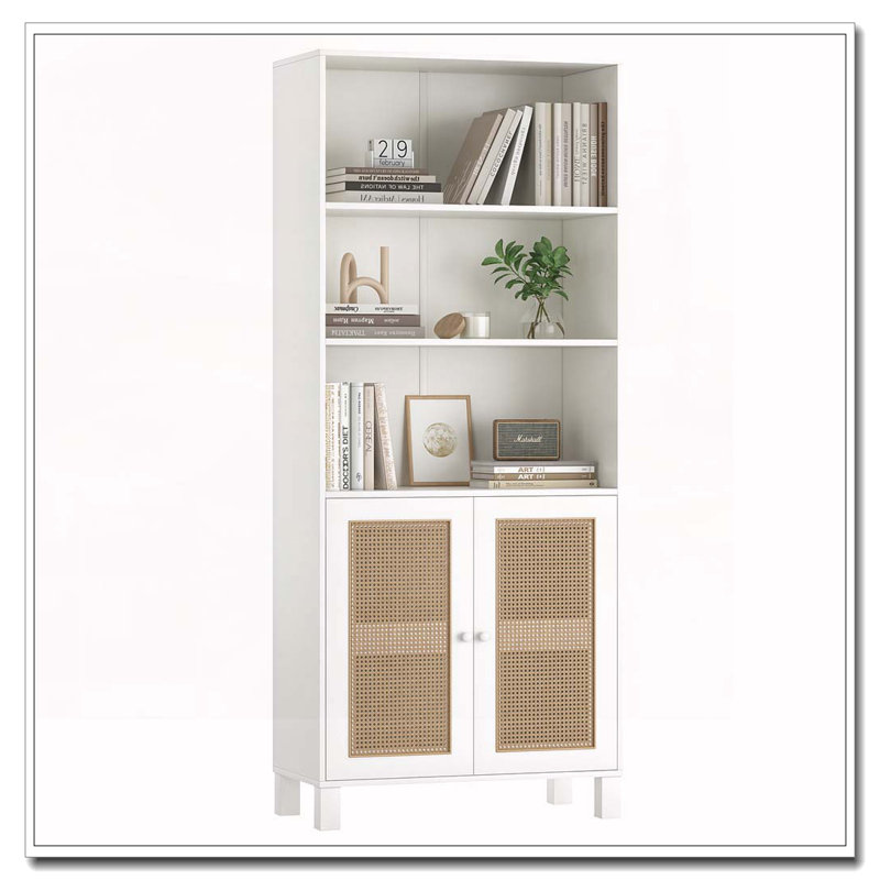 Bookcase with Rattan Doors,5 Tier Storage Wood Shelves, White