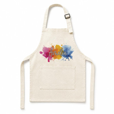  Tablier pour enfants, personnalisé avec nom personnalisé, toile de lin naturelle avec aquarelle lavée pour petits artistes, tablier pour les garçons et les filles, bandoulière réglable, 15 po x 20 po