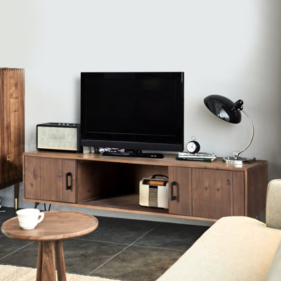 Meuble télé de style industriel en bois massif recyclé avec rangement - Bois massif, couleur naturelle, pour salon, profondeur 152 cm, largeur 46 cm, hauteur 51 cm. Espaces de rangement simples et généreux. Dimensions : 152 cm P x 46 cm L x 51 cm H