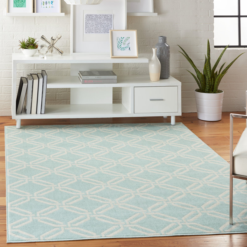 Tapis géométrique turquoise / turquoise Garnier, Rectangle 7 pi 10 po x 9 pi 10 po