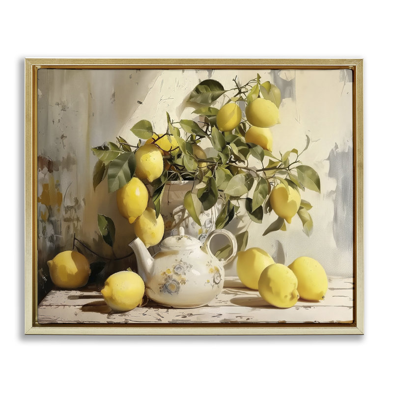 Cadre flottant Lemon Still Life avec théière, design par LSR Design Studio, 17 x 21, Metallic Gold Floater Framed